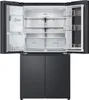 An open, black, multi-door refrigerator with its interior illuminated. Produktbild-Vorschau
