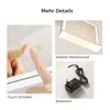 A collage of images showing details of a makeup mirror, including touch controls, the mirror with lighting, a metal base, and a power adapter. Podgląd zdjęcia produktu