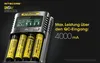 A Nitecore UMS4 battery charger with four batteries inserted, set against a black background with promotional text. Podgląd zdjęcia produktu