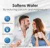 A couple is smiling and drinking from mugs, with text overlay about water softening features. Anteprima dell’immagine prodotto