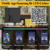 Collage showing a USB cable, a QR code, and four smartphone screens displaying app features for LED lights. Produktbild-Vorschau