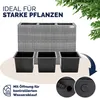 A gray rattan-effect planter with three black inner pots, with text and close-up details of drainage. Anteprima dell’immagine prodotto