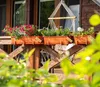 Flower boxes with various flowers on a wooden balcony railing. Náhľad obrázku produktu