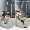 A split image showing a portable carpet cleaner being filled with water from a faucet on the left and being emptied into a sink on the right. Produktbild-Vorschau