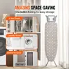 An ironing board is shown standing upright next to a closet and laundry room setup, with text overlays highlighting its space-saving features and storage options. Náhľad obrázku produktu