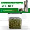 A clear plastic food storage container filled with green beans, with marketing text and images of a microwave and refrigerator in the background. Produktbild-Vorschau
