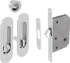 A set of chrome-plated sliding door hardware, including a lock mechanism, strike plate, and two flush pulls, displayed against a white background. Produktbild-Vorschau
