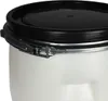 Close-up view of the top of a white plastic drum with a black lid and a metal clamp. Produktbild-Vorschau
