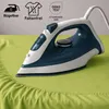 An iron is shown on a green fabric, with marketing icons and text in the background. Produktbild-Vorschau