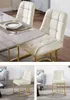 A collage of images showing beige upholstered dining chairs with gold metal frames, presented in different settings and close-ups. Produktbild-Vorschau