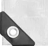 A close-up of the corner of a silver tarp with a black reinforced grommet. Náhled obrázku produktu