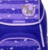 Close-up of a purple backpack with butterfly and polka dot patterns, and a cartoon cat graphic. Produktbild-Vorschau