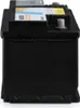 A side view of a black car battery with labels on top. Produktbild-Vorschau