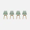 Four green chairs with wooden legs arranged in a row against a light gray and white background. Produktbild-Vorschau