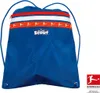 A blue drawstring bag with red and white stripes and a soccer-themed pattern. Produktbild-Vorschau
