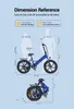 Diagrams showing the dimensions and specifications of a blue folding electric bicycle, with silhouettes of people indicating rider height compatibility. Produktbild-Vorschau