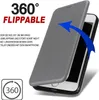A grey flip case for a smartphone is shown open, with a blue arrow indicating 360-degree rotation. Text describes the feature. Produktbild-Vorschau