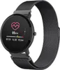 A black smartwatch with a mesh band is displayed against a white background. The watch face shows a heart rate monitor, date, time, and heart rate in BPM. Podgląd zdjęcia produktu
