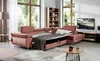 A living room with a sectional sofa that converts into a bed, a bookshelf, and a TV stand. Produktbild-Vorschau