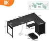 A diagram of an L-shaped desk with dimensions and features. Náhled obrázku produktu