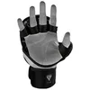 A pair of black and white MMA sparring gloves with the fingers exposed, shown from the palm side. Voir les images du produit