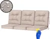 A set of three beige cushions for a swing or bench, with a close-up inset showing water droplets on the fabric, and a hand in a blue glove cleaning one of the cushions with a yellow sponge. Náhled obrázku produktu