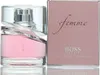 A bottle of Hugo Boss Femme Eau de Parfum and its pink packaging are displayed side-by-side on a reflective white surface. Podgląd zdjęcia produktu