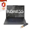A laptop with the word 'BUSINESS' written on its screen, alongside a Microsoft Office 2024 box and two pens. Produktbild-Vorschau