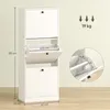 A white shoe cabinet with multiple open compartments, displaying dimensions and weight capacity. Produktbild-Vorschau