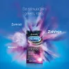 A Durex Intense condoms package is shown in the center, surrounded by a colorful explosion of powder or smoke against a blue background. Text in Czech describes the stimulating gel. Náhled obrázku produktu
