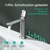 A chrome faucet in a sink with water running, surrounded by marketing text and icons. Produktbild-Vorschau