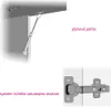 Illustrations of cabinet hardware, including a gas strut and a hinge, with accompanying text labels. Produktbild-Vorschau