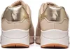 The back view of a pair of beige Skechers Uno Shimmer Away sneakers with gold accents. Produktbild-Vorschau