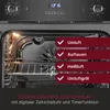 Close-up view of the inside of a black oven with cooking rack and internal light on, with marketing text overlays. Produktbild-Vorschau