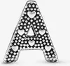 A close-up studio shot of a silver letter 'A' charm with heart details. Podgląd zdjęcia produktu