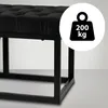 Close-up of a black tufted bench with a black metal frame. A circular overlay shows a weight icon with "200 kg" written inside. Náhled obrázku produktu