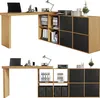 Two views of an L-shaped desk with shelving and storage units, presented on a white background. Podgląd zdjęcia produktu