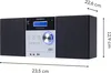 A stereo system with dimensions indicated by measurement lines and text. Produktbild-Vorschau