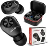 A collage of images showing black TWS Bluetooth in-ear headphones, their charging case, and the product packaging. Podgląd zdjęcia produktu