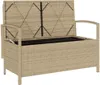 A beige poly rattan garden bench with storage and a cushion, shown with its lid open. Náhľad obrázku produktu