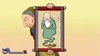 An old woman is holding up a scroll with a genie on it. Produktbild-Vorschau