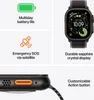 Collage of marketing images for a smartwatch, highlighting features like battery life, emergency SOS, display, and a customizable button. Voir les images du produit