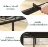 Collage of close-up images showing details of a black metal bed frame, with text highlighting its features. Produktbild-Vorschau