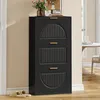 A black shoe cabinet with gold handles is shown in a room with a light beige wall and wooden floor.