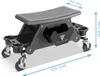 A black rolling mechanic's stool with storage compartments and dimensions indicated by blue arrows and text. Náhled obrázku produktu