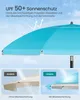 A close-up of a turquoise umbrella with text overlays explaining its UPF 50+ sun protection. Below, two smaller images compare an umbrella without silver coating to one with it. Produktbild-Vorschau