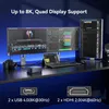 A desk setup with multiple monitors, a mini PC, a laptop, a camera, and a microphone, showcasing the product's display capabilities. Produktbild-Vorschau