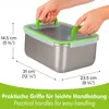 A person's hands are holding the handles of a stainless steel food container with a green lid. Podgląd zdjęcia produktu