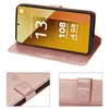 A collage of images showing a rose gold flip cover for a Xiaomi Redmi Note 13 5G phone. The main image shows the phone in the case, propped open. Two smaller images show close-ups of the case's closure mechanism and embossed butterfly design. Produktbild-Vorschau