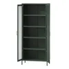 A tall, dark green metal cabinet with one door open, revealing multiple shelves. The open door has a mirror on the inside. Anteprima dell’immagine prodotto